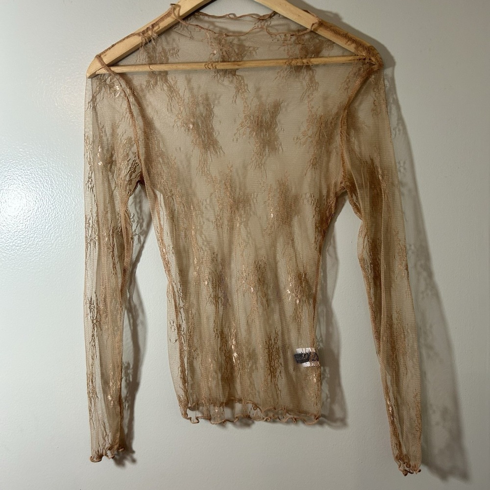 Sheer Mesh Floral Long Sleeve Top Nude Small Goth Fairy Whimsygoth Y2K